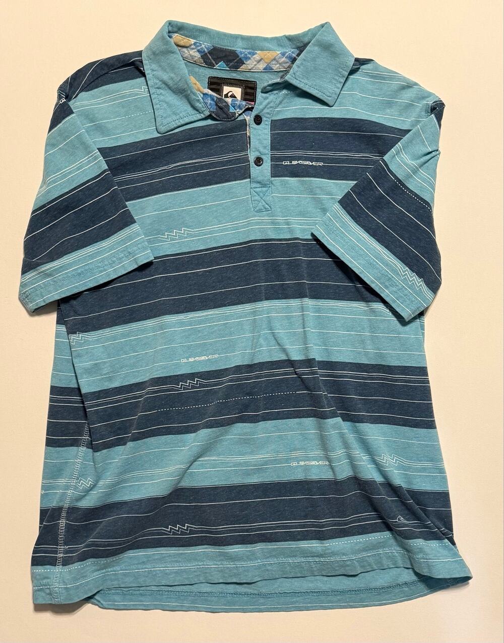 Quiksilver Striped Polo Shirt Men's Medium Blue Wordmark Logo Surf